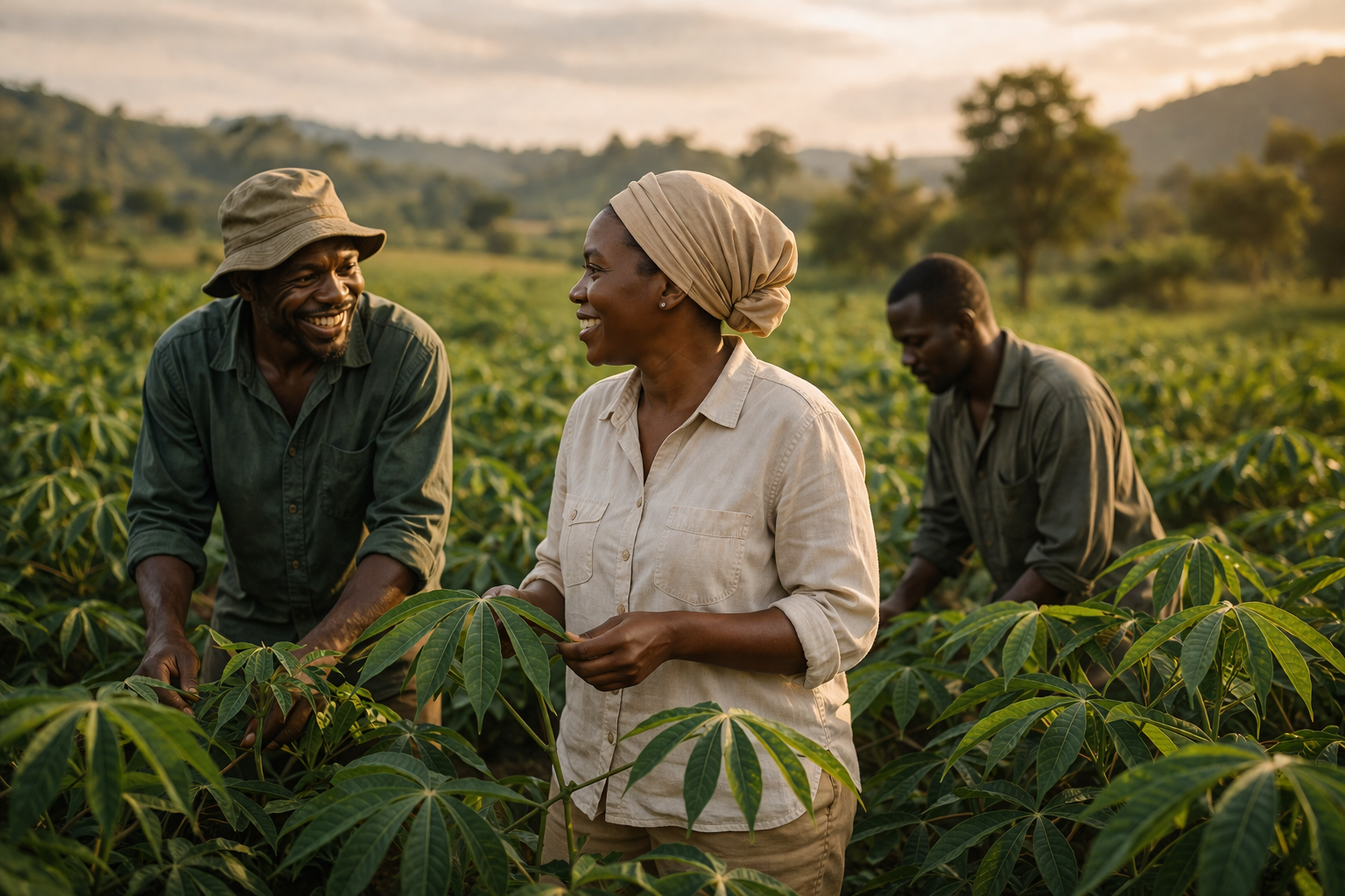 Kabod team working in a cassava field at sunset